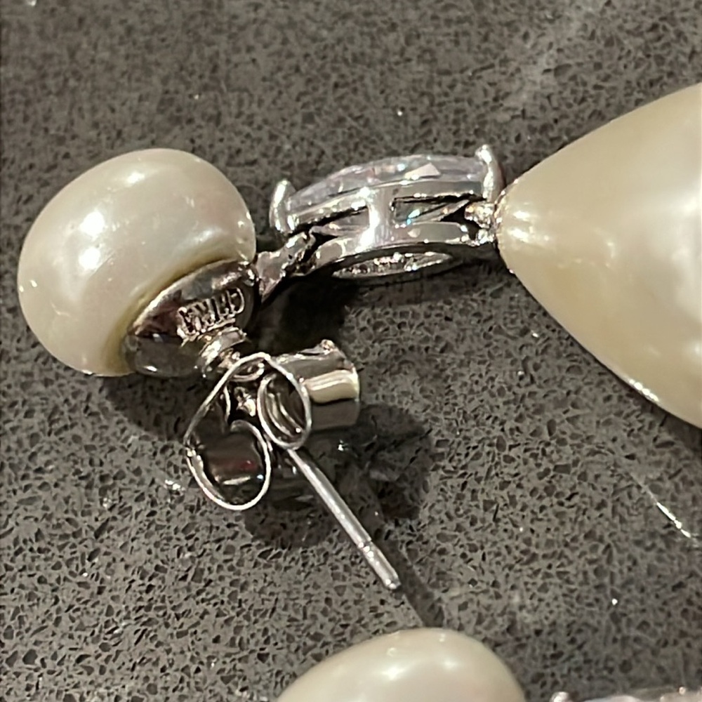 Faux Pearl and Cubic Zirconia Silver Tone Drop Earrings - Picture 8 of 10